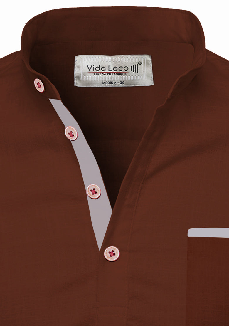 BLUE ROBED men's Casual Slim Fit Full Sleeve Pocket Contrast Kurta in Brown view 18