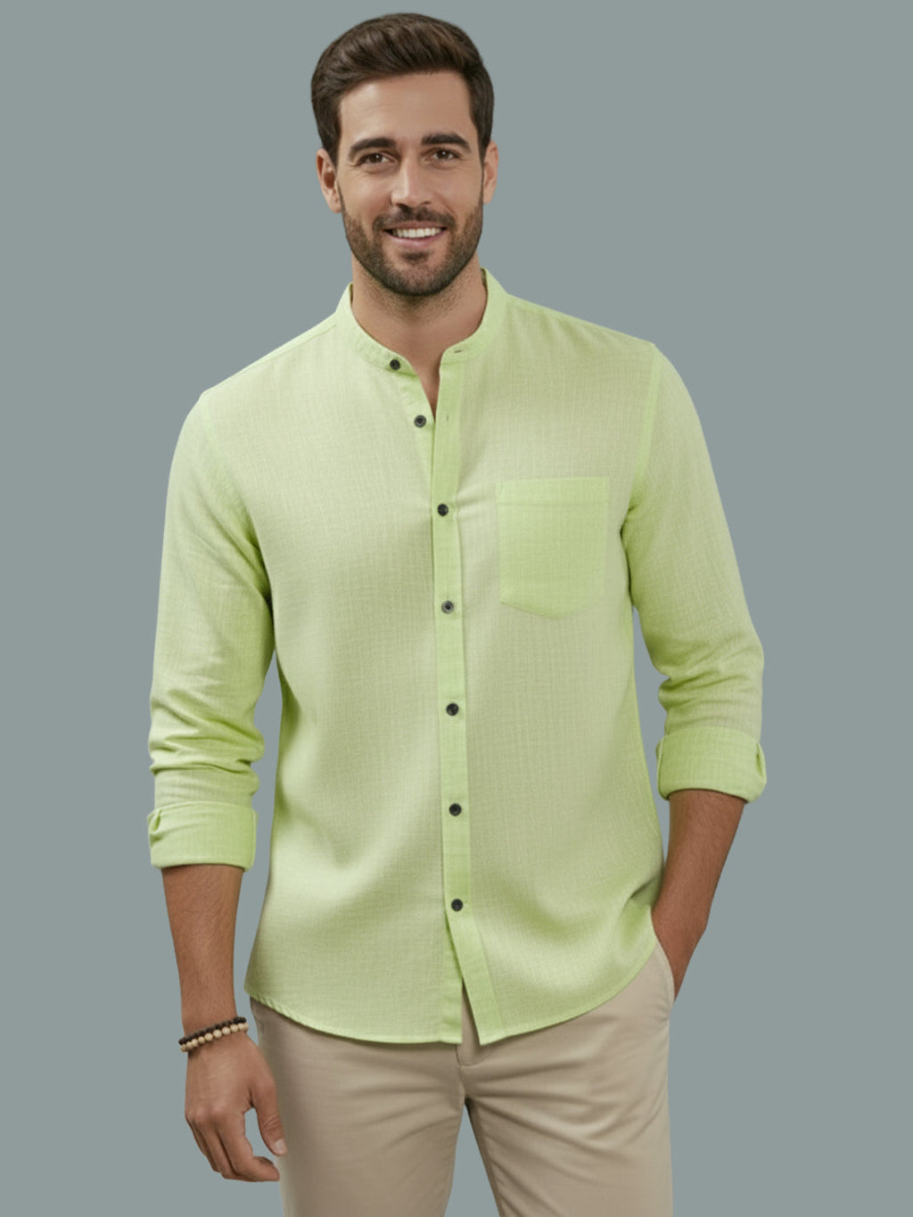 Full Sleeve Chinese Collar Cotton Slim Shirt for Men and Boys in Shirt For Men And Pink by BLUE ROBED, fit view