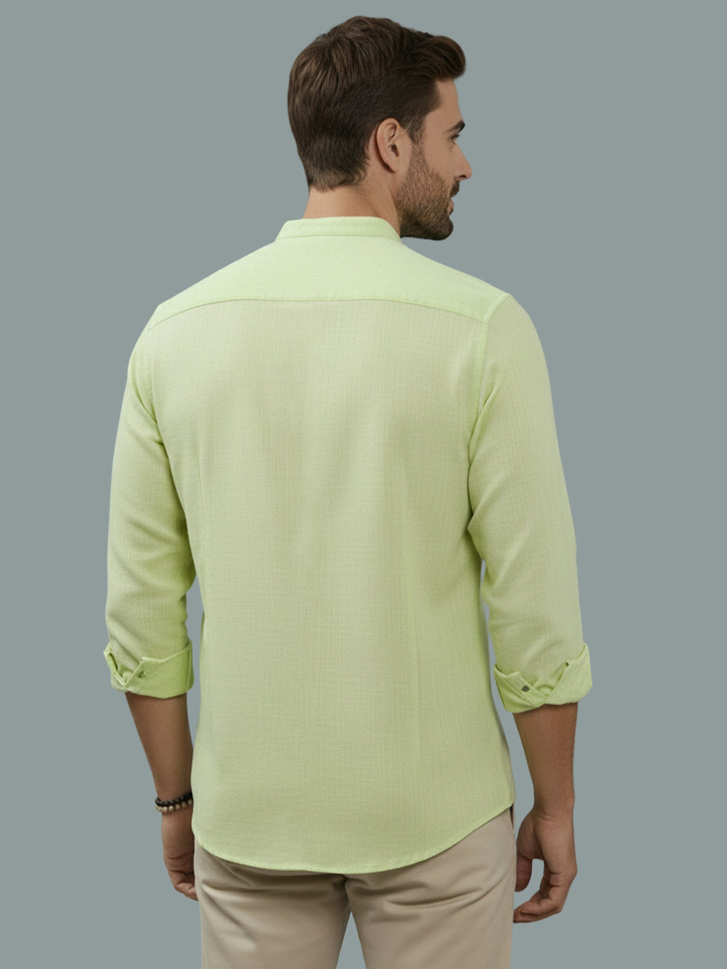 Full Sleeve Chinese Collar Cotton Slim Shirt for Men and Boys in Shirt For Men And Pink by BLUE ROBED, fabric detail