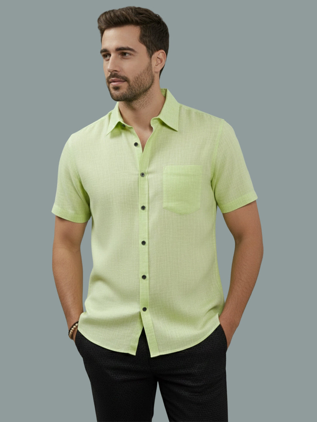 Half Sleeve Spread Collar Cotton Slim Shirt for Men and Boys in Shirt For Men And Yellow by BLUE ROBED, fabric detail