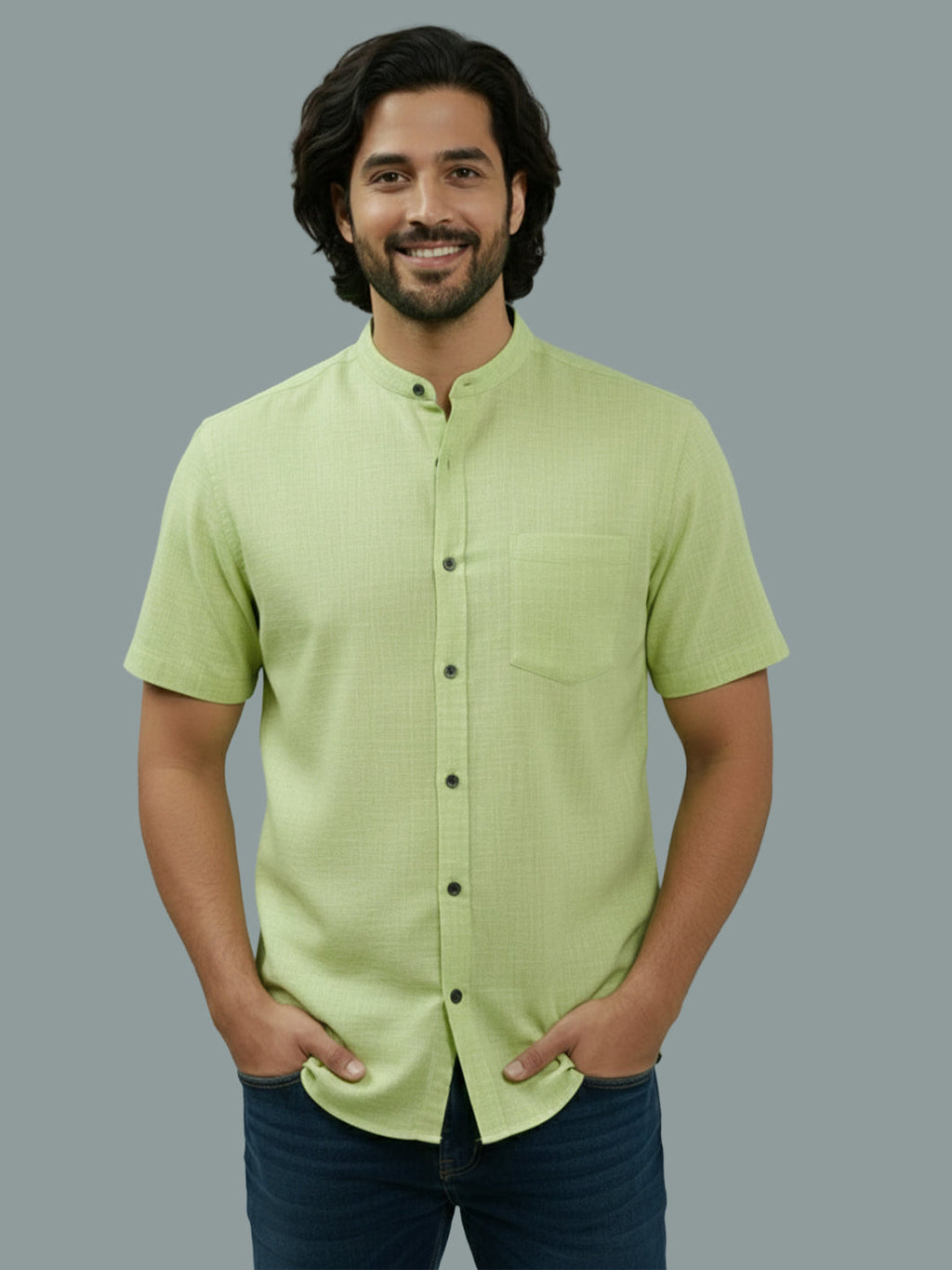 Half Sleeve Chinese Collar Cotton Slim Shirt for Men and Boys in Shirt For Men And White by BLUE ROBED, fit view