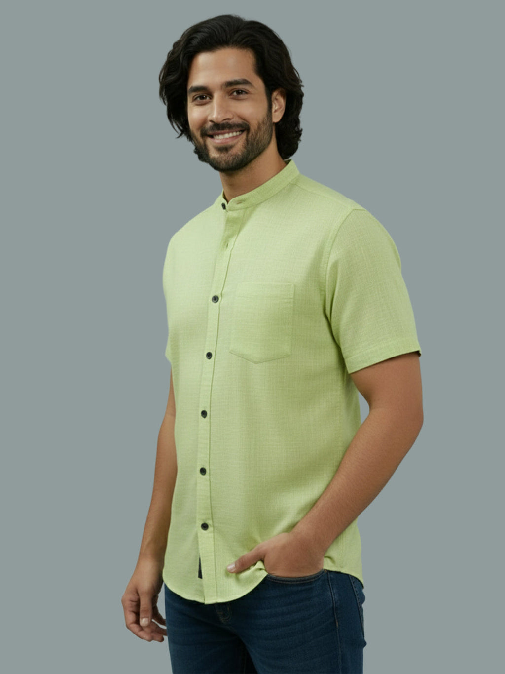 Half Sleeve Chinese Collar Cotton Slim Shirt for Men and Boys in Shirt For Men And White by BLUE ROBED, front view