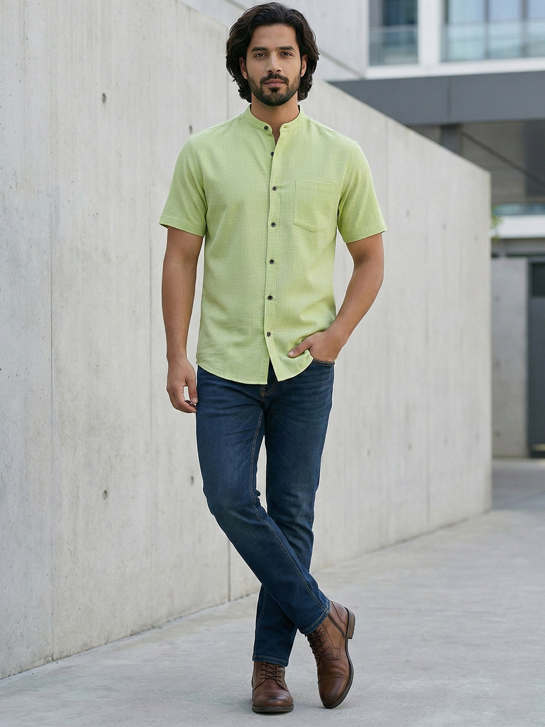 Half Sleeve Chinese Collar Cotton Slim Shirt for Men and Boys in Shirt For Men And White by BLUE ROBED, fabric detail