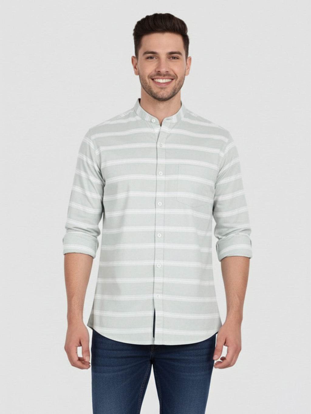Men's Multi Stripe Strip Full Sleeve Shirt in White by BLUE ROBED, fabric detail