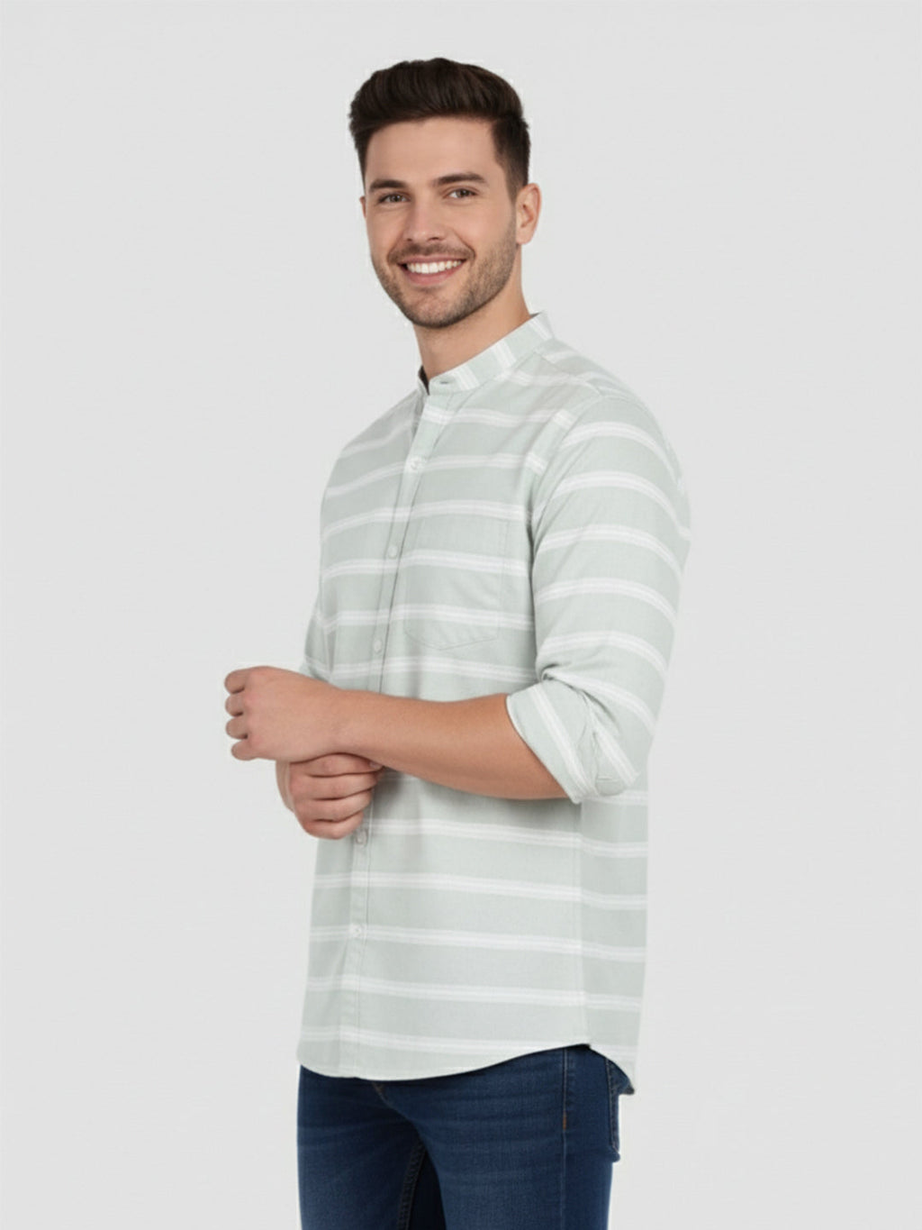 Men's Multi Stripe Strip Full Sleeve Shirt in White by BLUE ROBED, side view