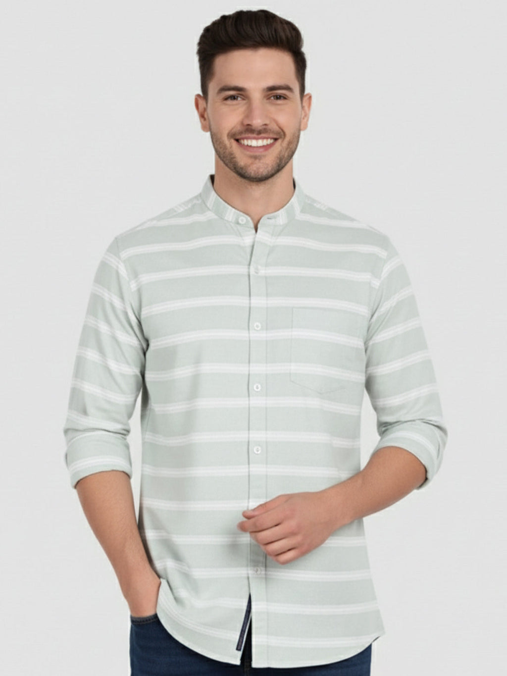 Men's Multi Stripe Strip Full Sleeve Shirt in White by BLUE ROBED, back view