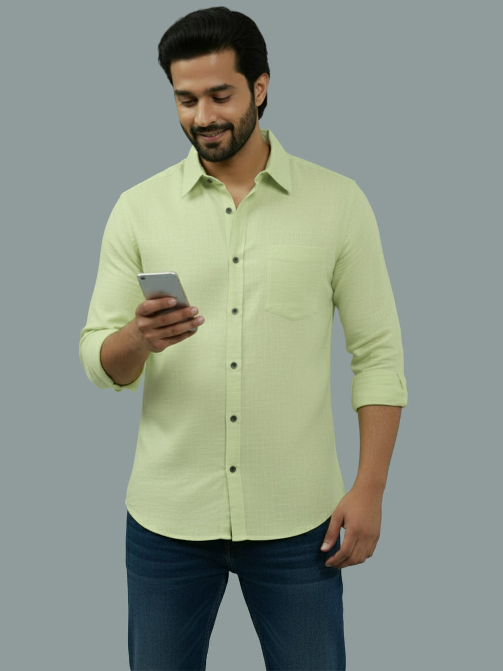 Full Sleeve Spread Collar Cotton Slim Shirt for Men and Boys in Shirt For Men And Green by BLUE ROBED, fabric detail