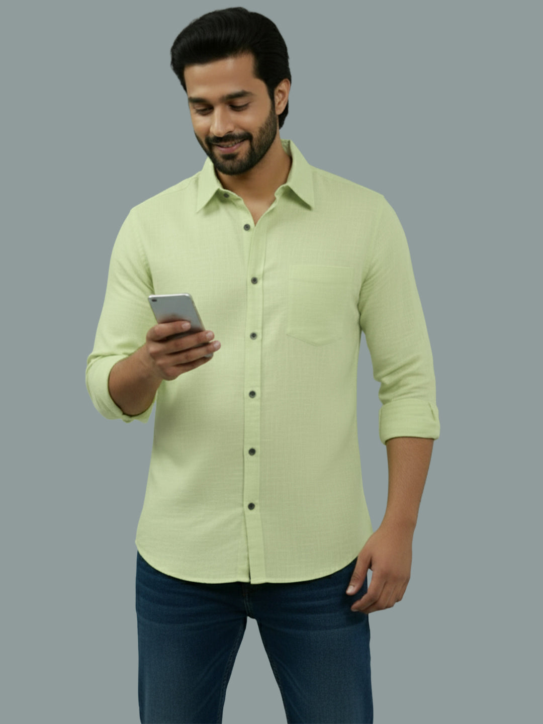 Full Sleeve Spread Collar Cotton Slim Shirt for Men and Boys in Shirt For Men And Green by BLUE ROBED, fabric detail