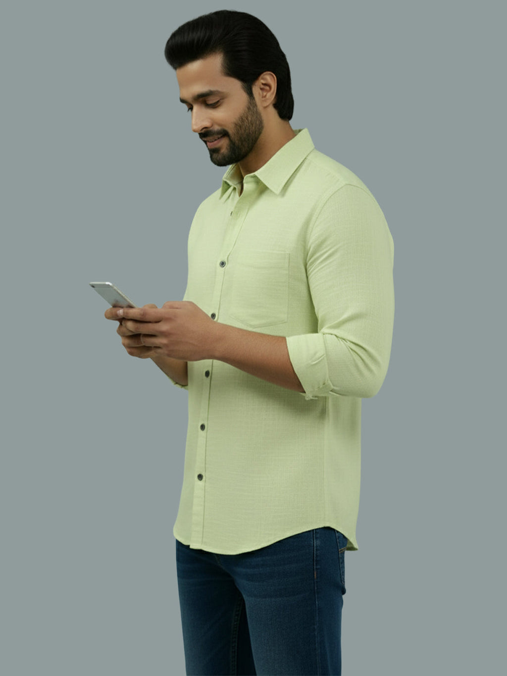 Full Sleeve Spread Collar Cotton Slim Shirt for Men and Boys in Shirt For Men And Green by BLUE ROBED, side view