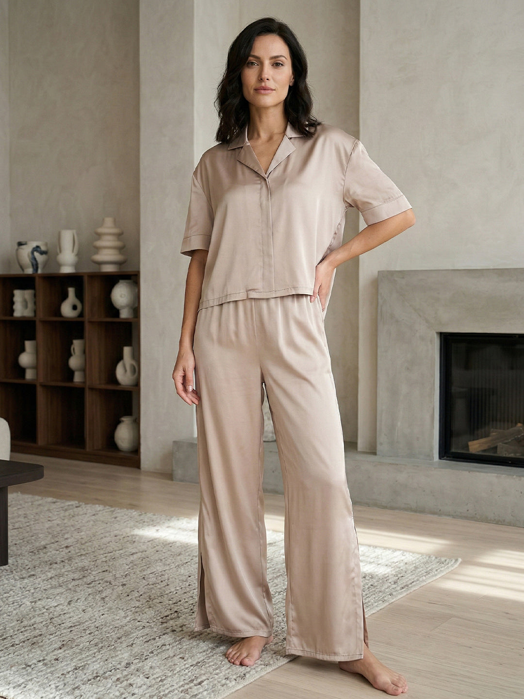 Women’s Beige Linen Lounge Co-ord Set | Relaxed Fit Nightwear & Casual Wear Main image