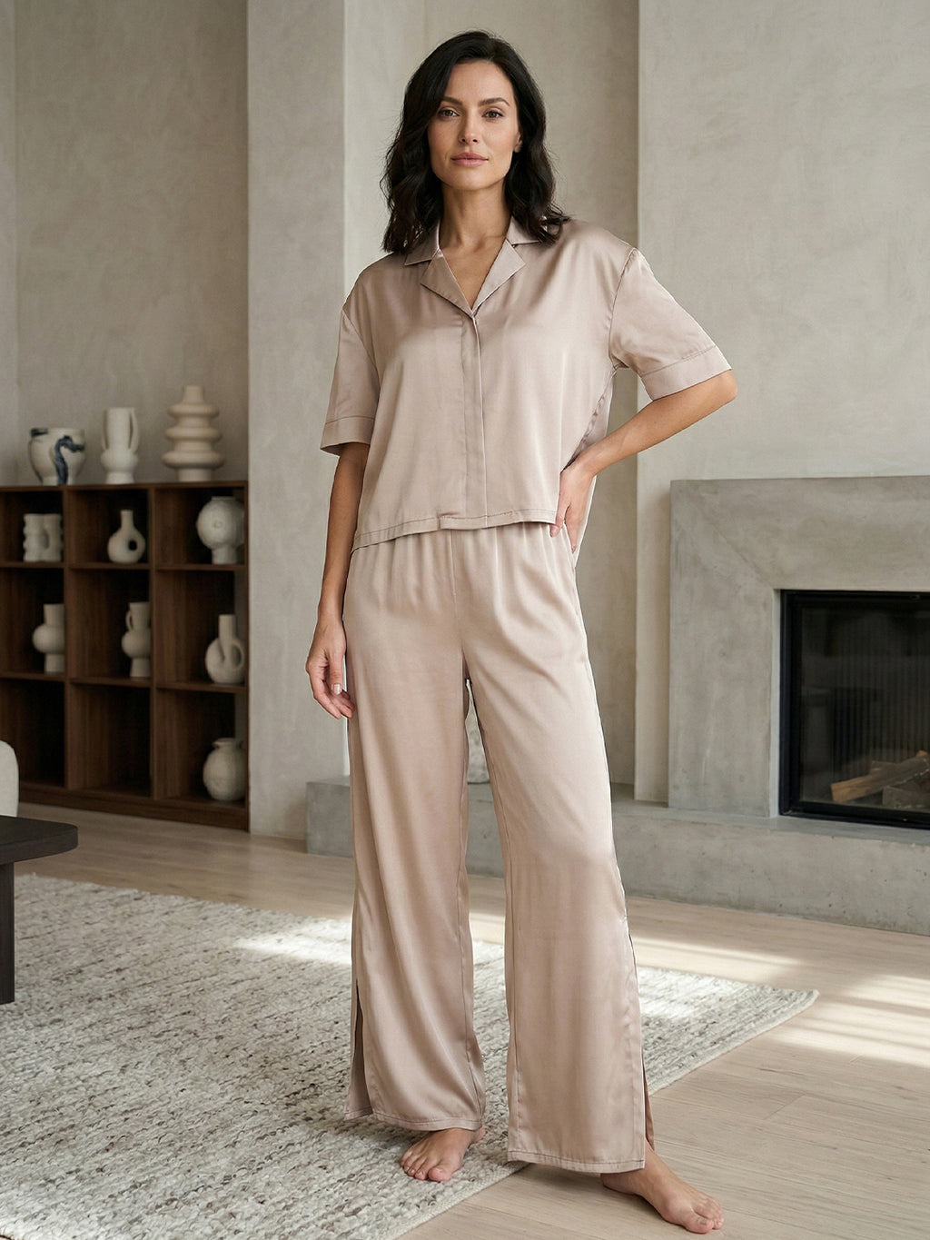 Women’s Beige Linen Lounge Co-ord Set | Relaxed Fit Nightwear & Casual Wear