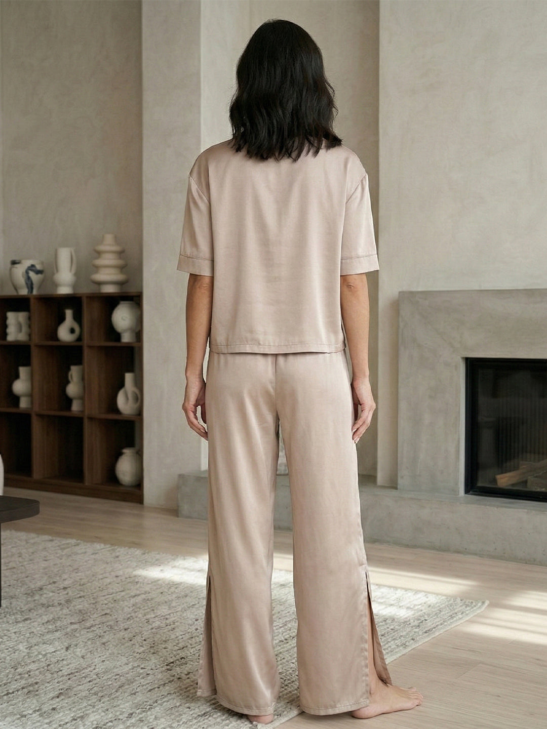 Women’s Beige Linen Lounge Co-ord Set | Relaxed Fit Nightwear & Casual Wear Secondary image