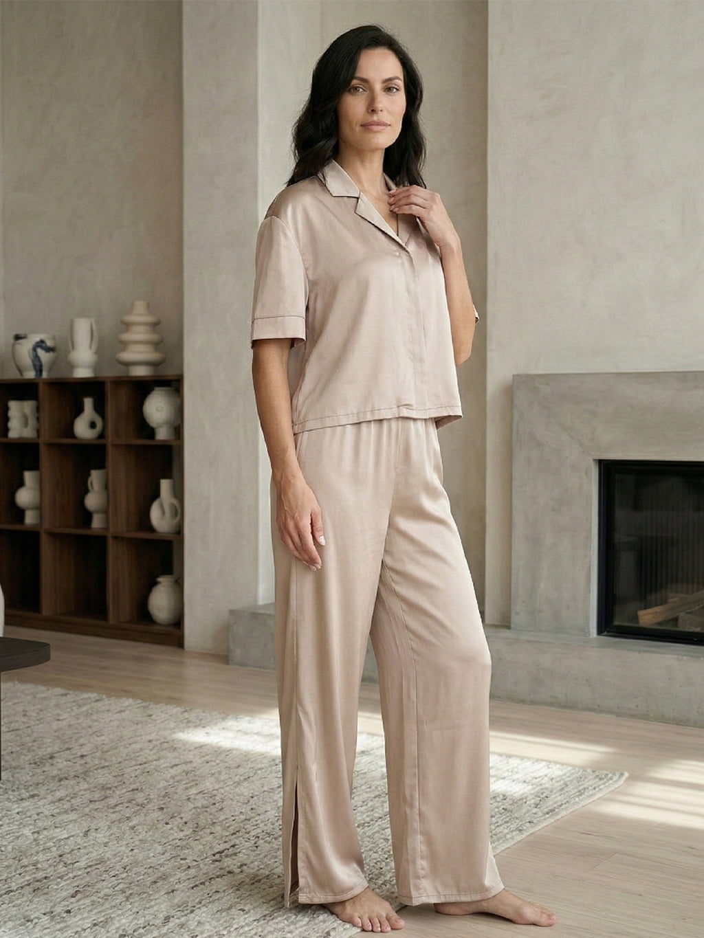 Women’s Beige Linen Lounge Co-ord Set | Relaxed Fit Nightwear & Casual Wear