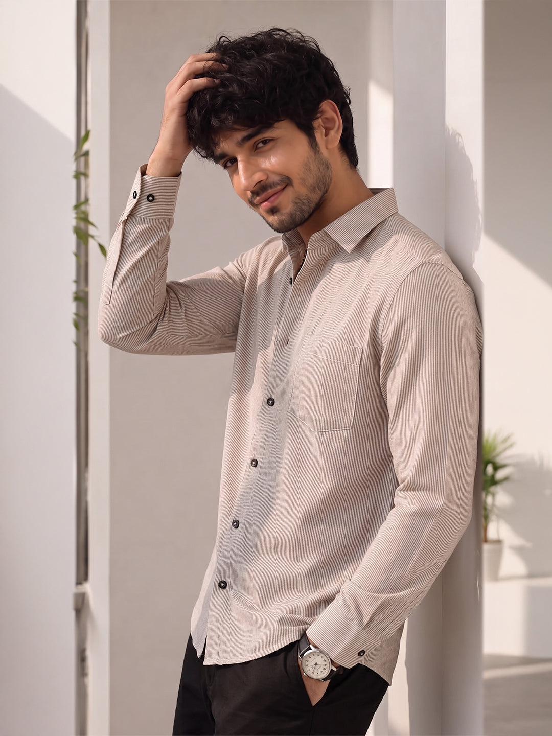 Men's Pure Cotton Casual Shirt | Full Sleeve Textured Shirt with Chest Pocket | Regular Fit