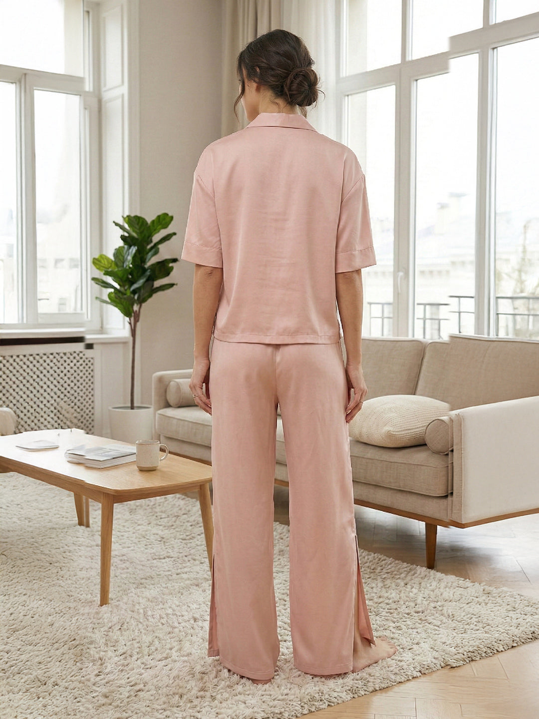 Women’s Blush Pink Linen Lounge Co-ord Set | Soft Relaxed Nightwear & Casual Wear