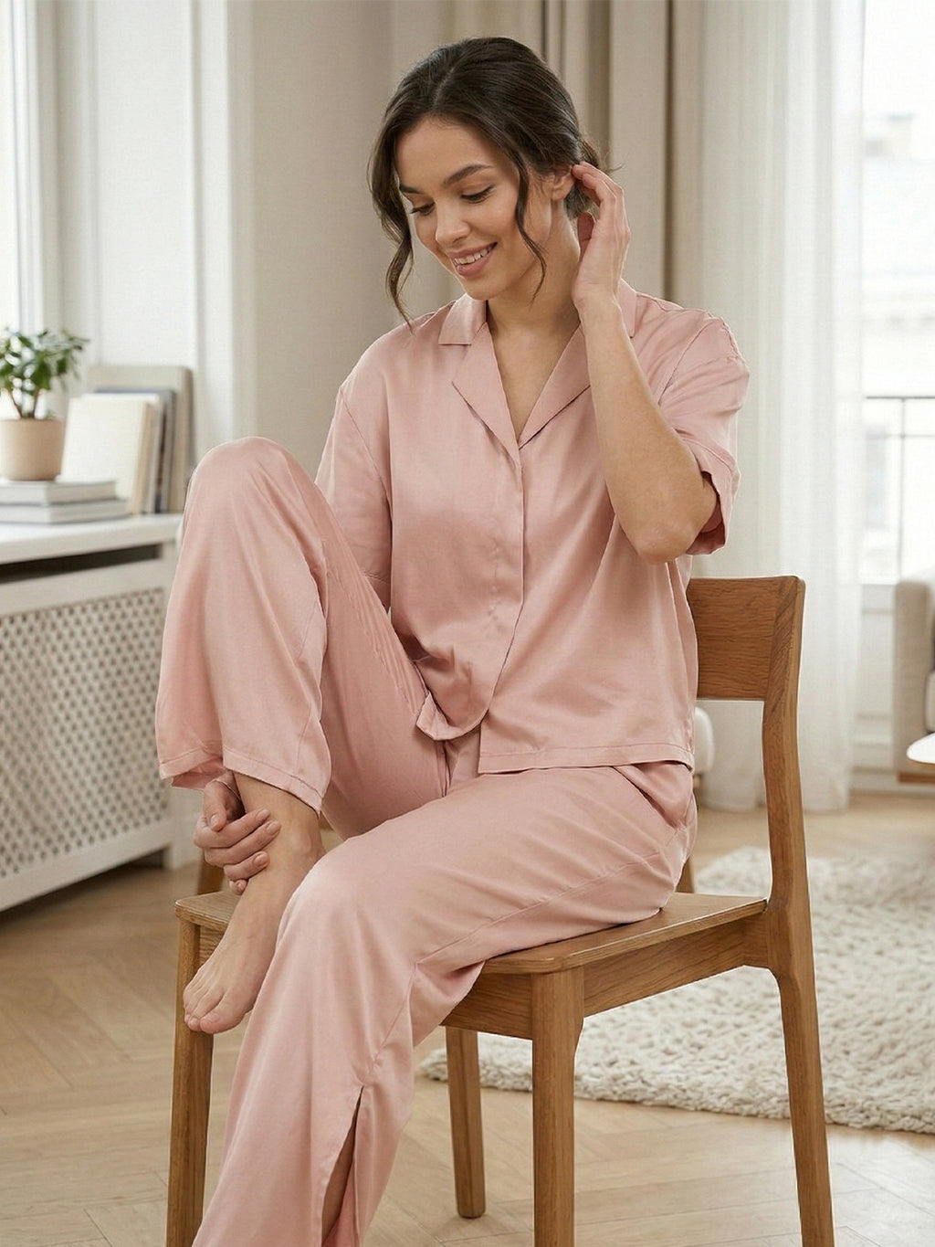 Women’s Blush Pink Linen Lounge Co-ord Set | Soft Relaxed Nightwear & Casual Wear