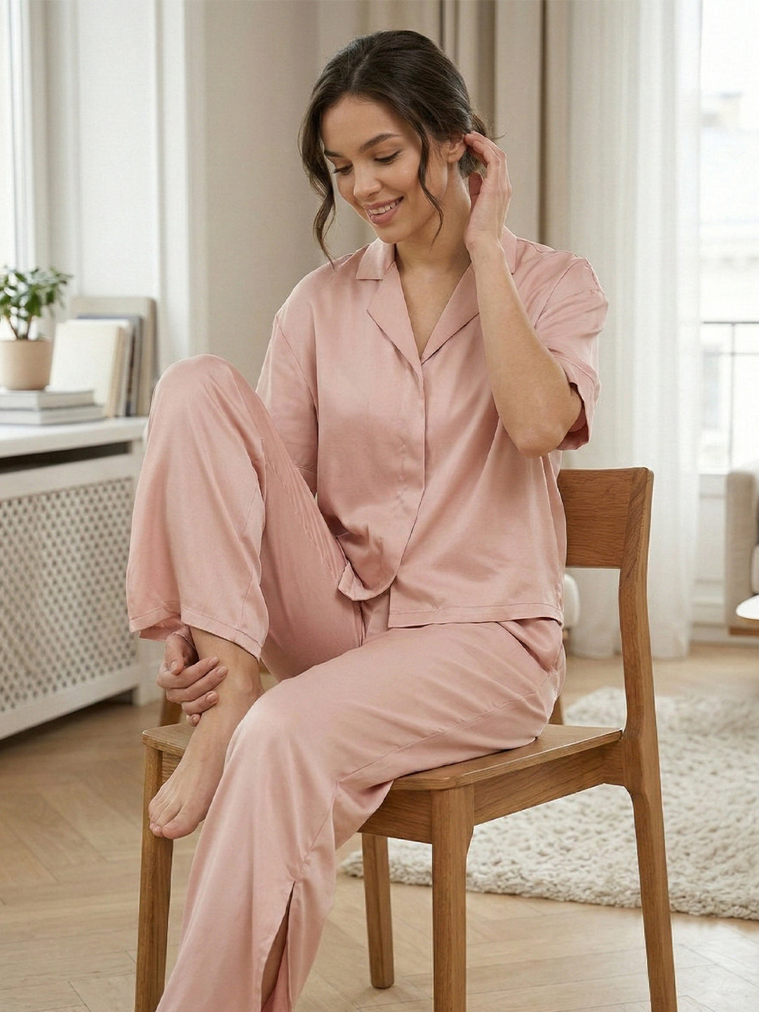 Women’s Blush Pink Linen Lounge Co-ord Set | Soft Relaxed Nightwear & Casual Wear
