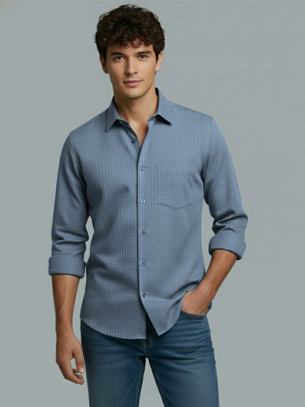 Men's Full Sleeve Spread Collar Premium Casual Shirt for Men Daily Wear in Black by BLUE ROBED, detail view