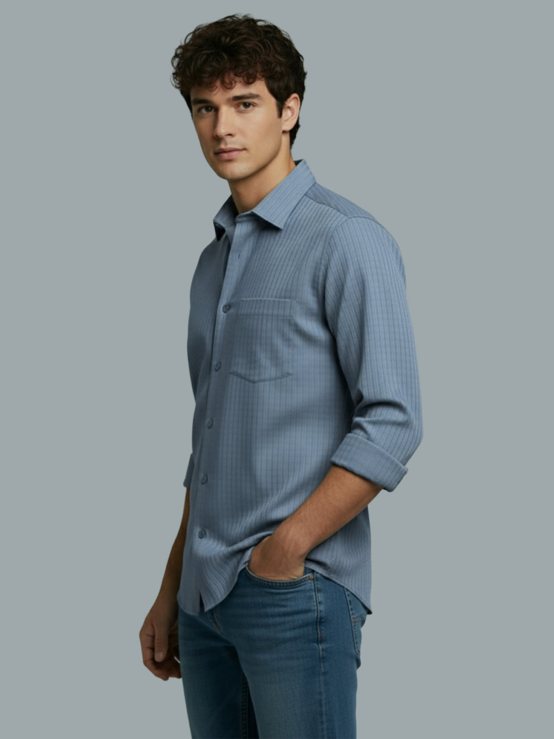 Men's Full Sleeve Spread Collar Premium Casual Shirt for Men Daily Wear in Black by BLUE ROBED, fit view