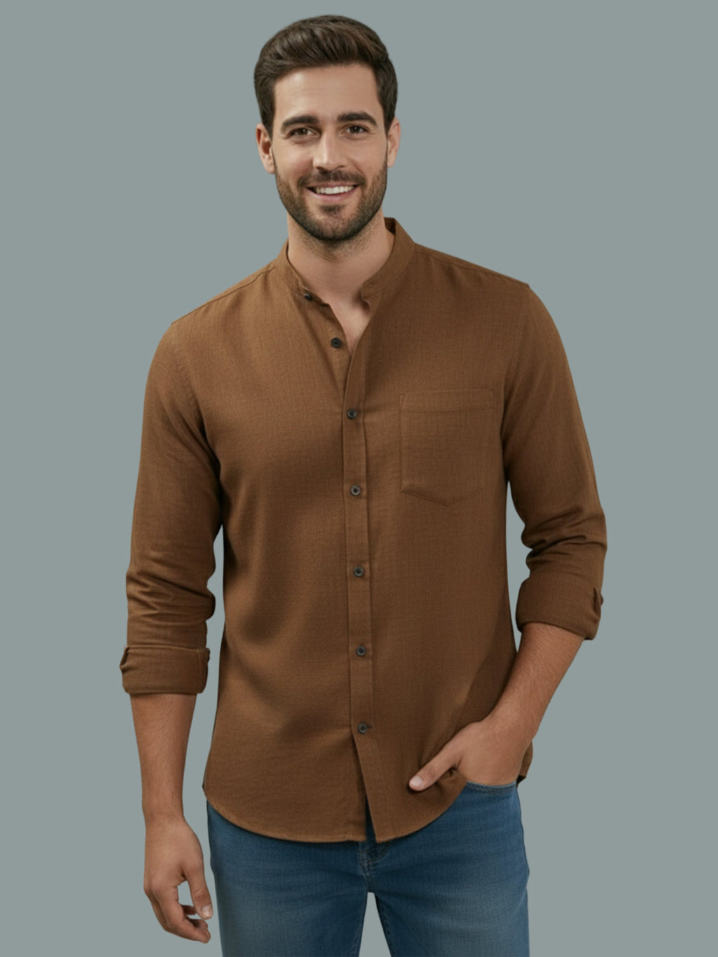 Full Sleeve Chinese Collar Cotton Slim Shirt for Men and Boys in Shirt For Men And Pink by BLUE ROBED, back view