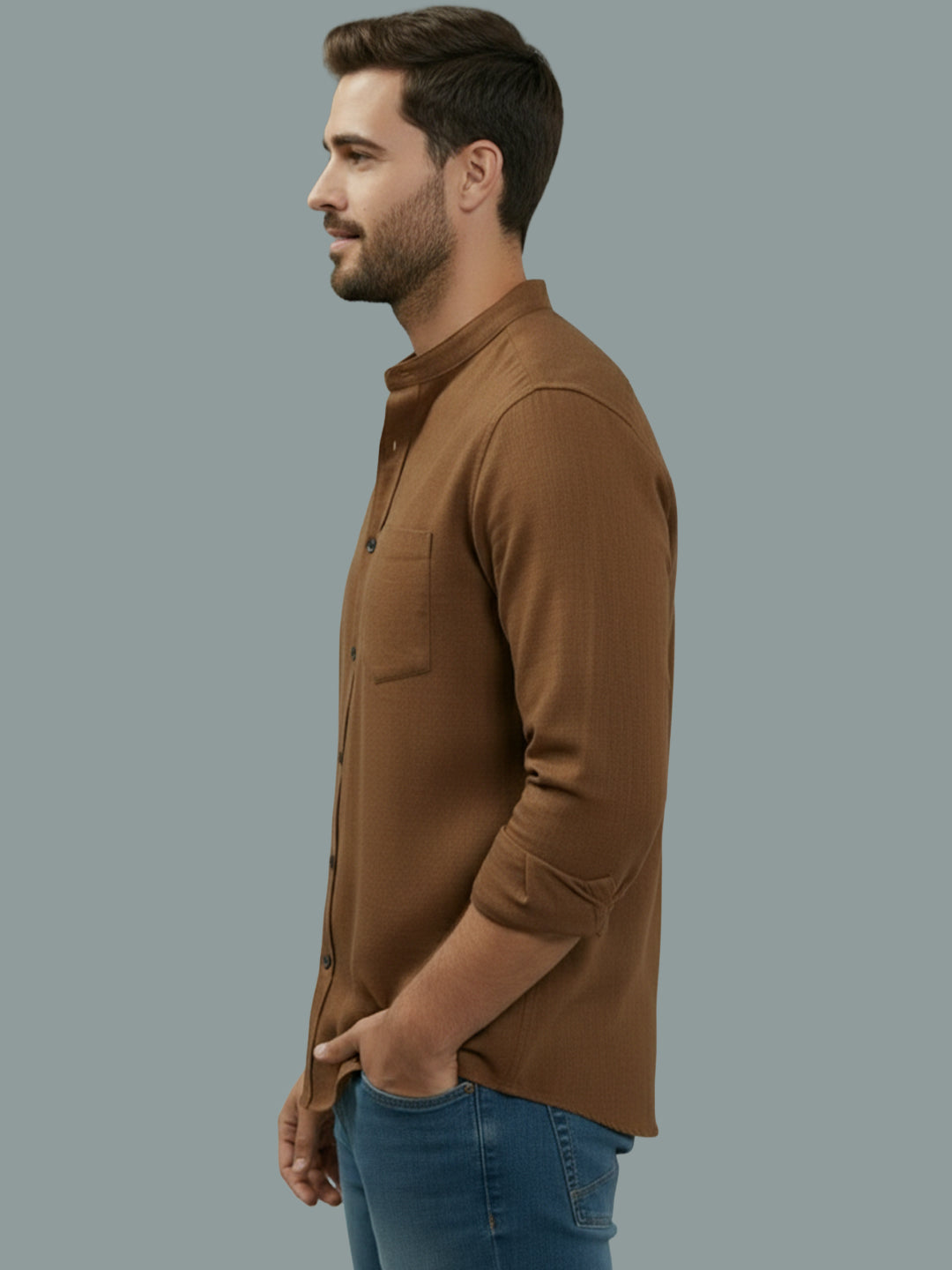Full Sleeve Chinese Collar Cotton Slim Shirt for Men and Boys in Shirt For Men And Pink by BLUE ROBED, side view