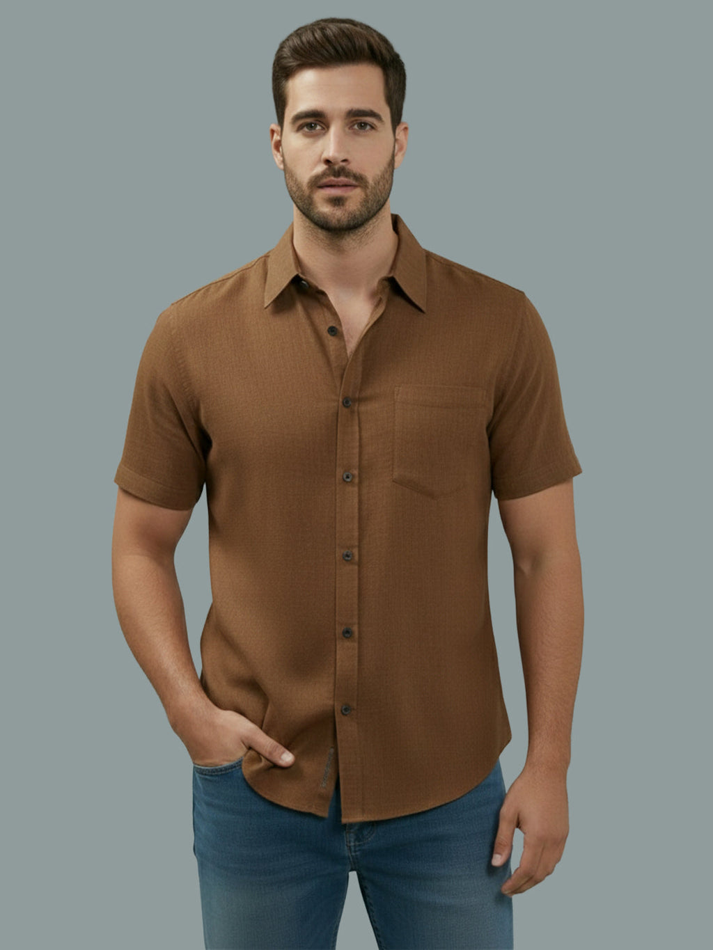 Half Sleeve Spread Collar Cotton Slim Shirt for Men and Boys in Shirt For Men And Yellow by BLUE ROBED, back view