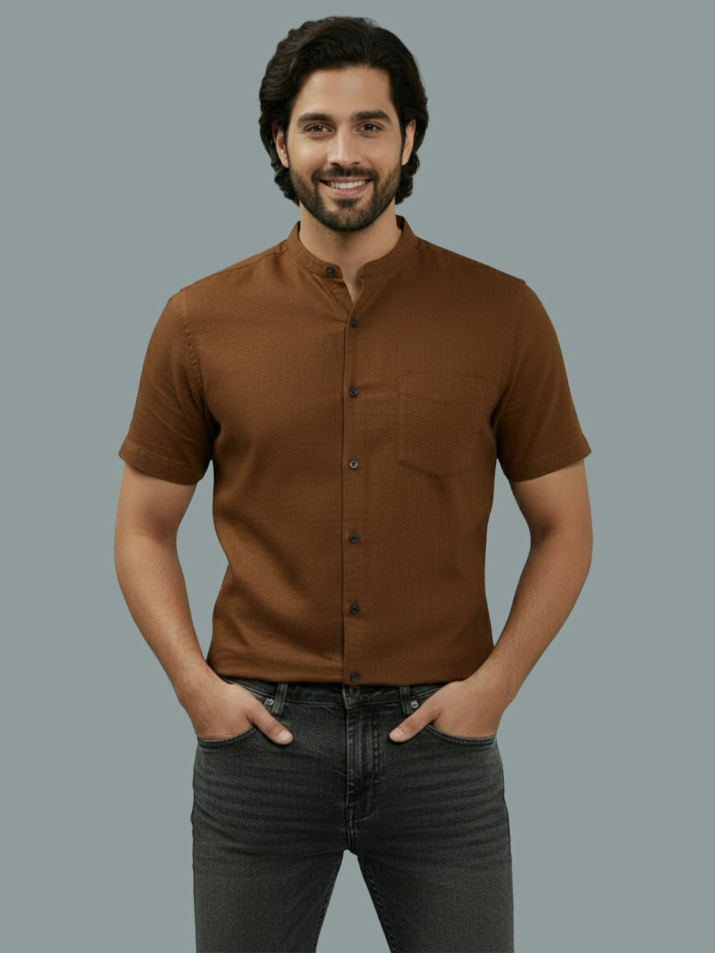Half Sleeve Chinese Collar Cotton Slim Shirt for Men and Boys in Shirt For Men And White by BLUE ROBED, detail view