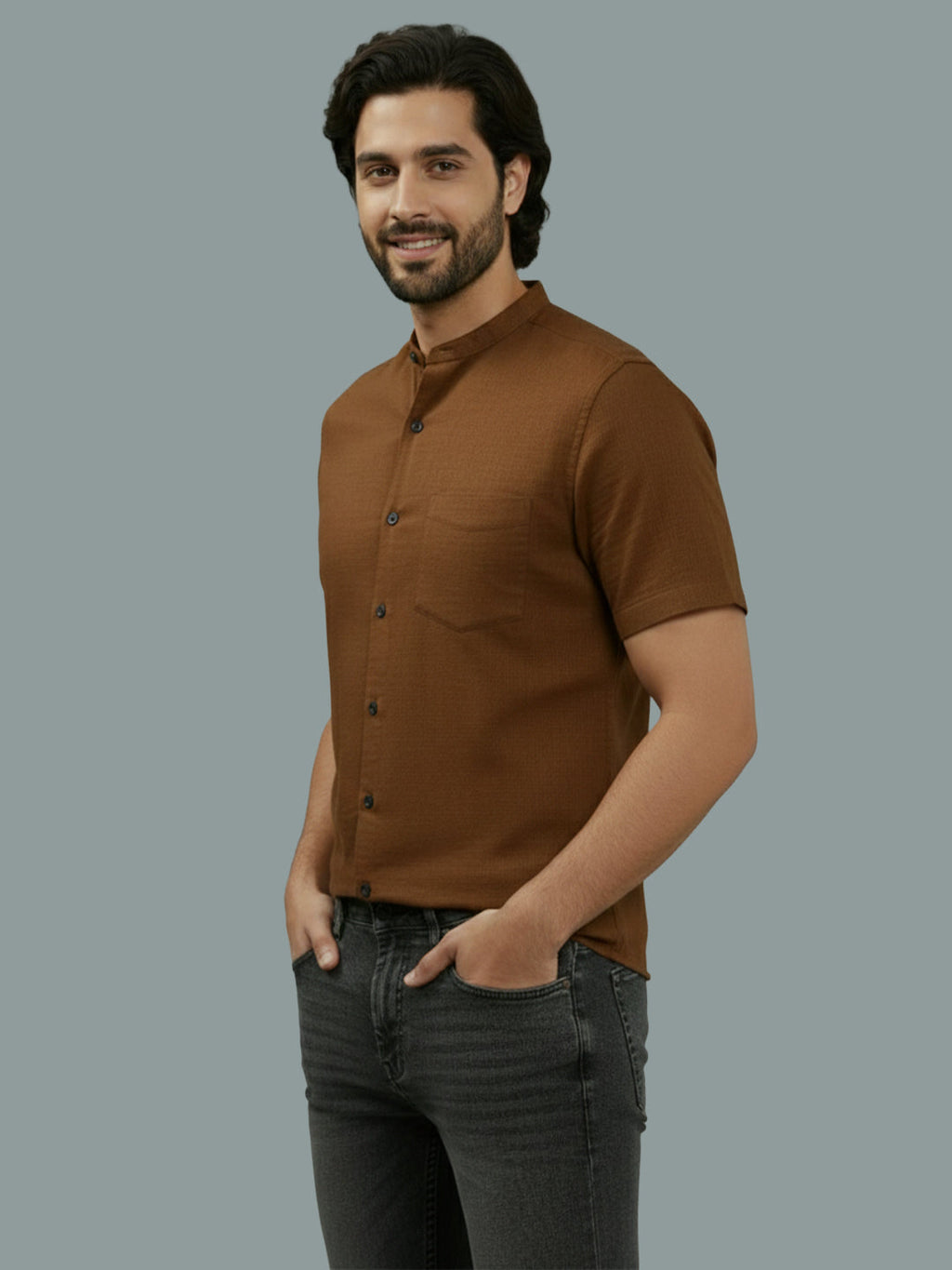 Half Sleeve Chinese Collar Cotton Slim Shirt for Men and Boys in Shirt For Men And White by BLUE ROBED, fit view