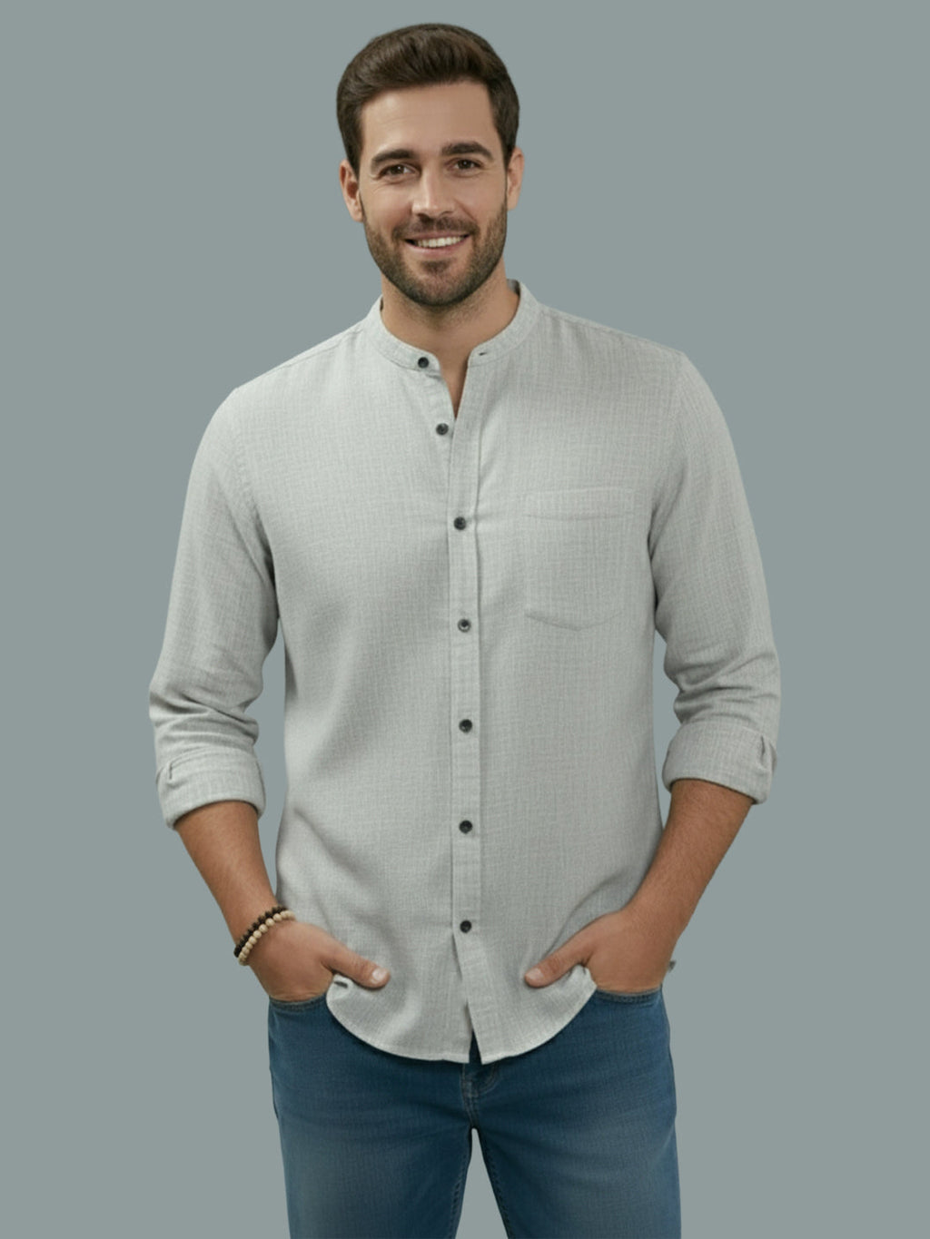 Full Sleeve Chinese Collar Cotton Slim Shirt for Men and Boys in Shirt For Men And Pink by BLUE ROBED, front view