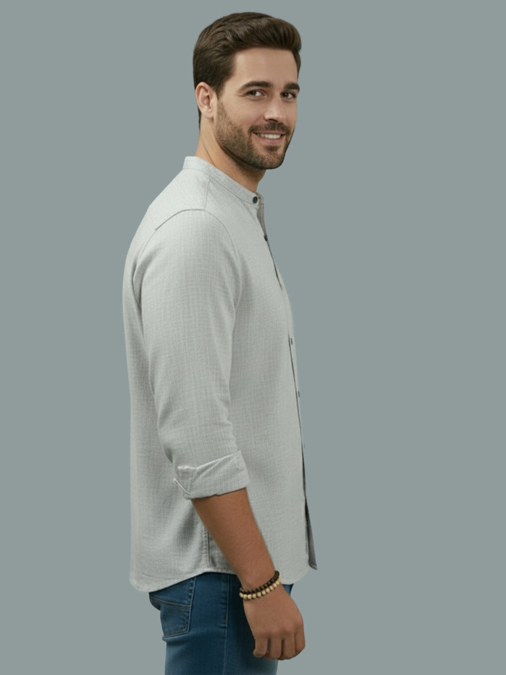 Full Sleeve Chinese Collar Cotton Slim Shirt for Men and Boys in Shirt For Men And Pink by BLUE ROBED, back view