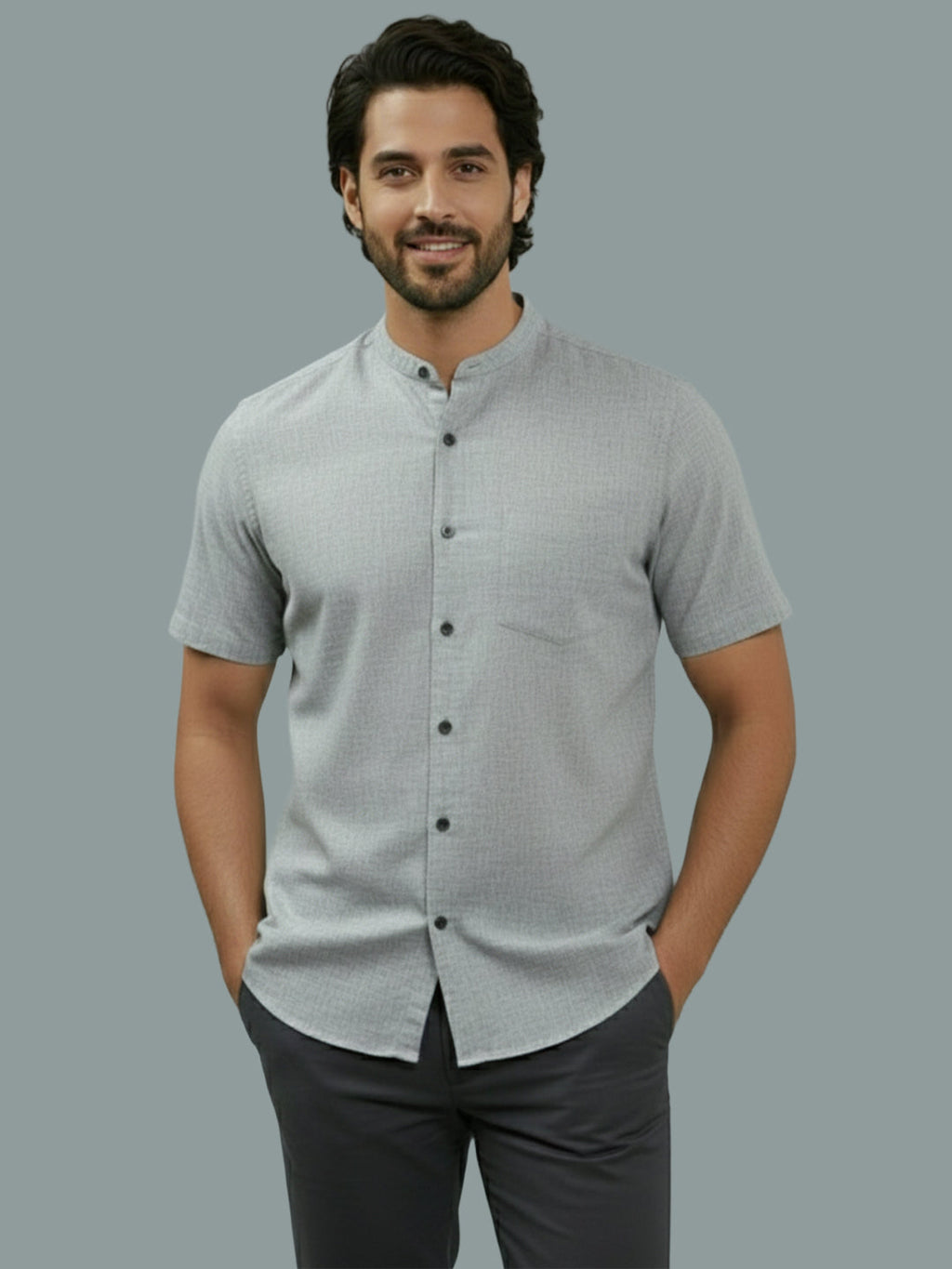 Half Sleeve Chinese Collar Cotton Slim Shirt for Men and Boys in Shirt For Men And White by BLUE ROBED, back view
