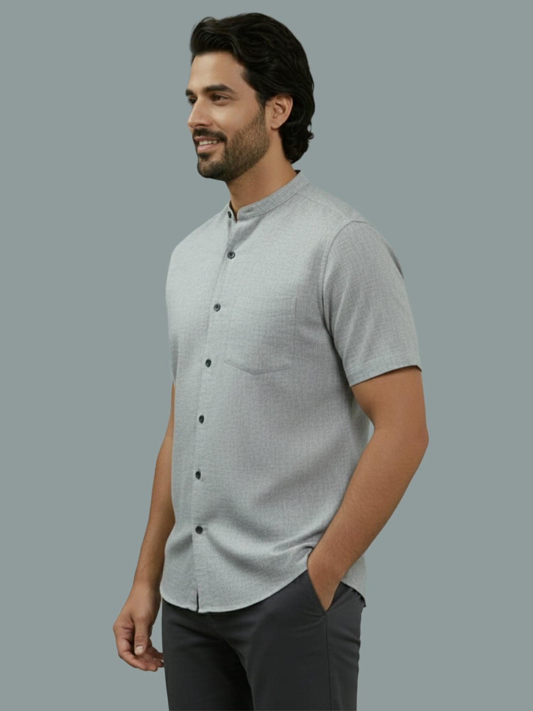 Half Sleeve Chinese Collar Cotton Slim Shirt for Men and Boys in Shirt For Men And White by BLUE ROBED, style view