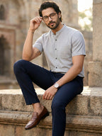 Half Sleeve Chinese Collar Cotton Slim Shirt for Men and Boys in Shirt For Men And White by BLUE ROBED, front view