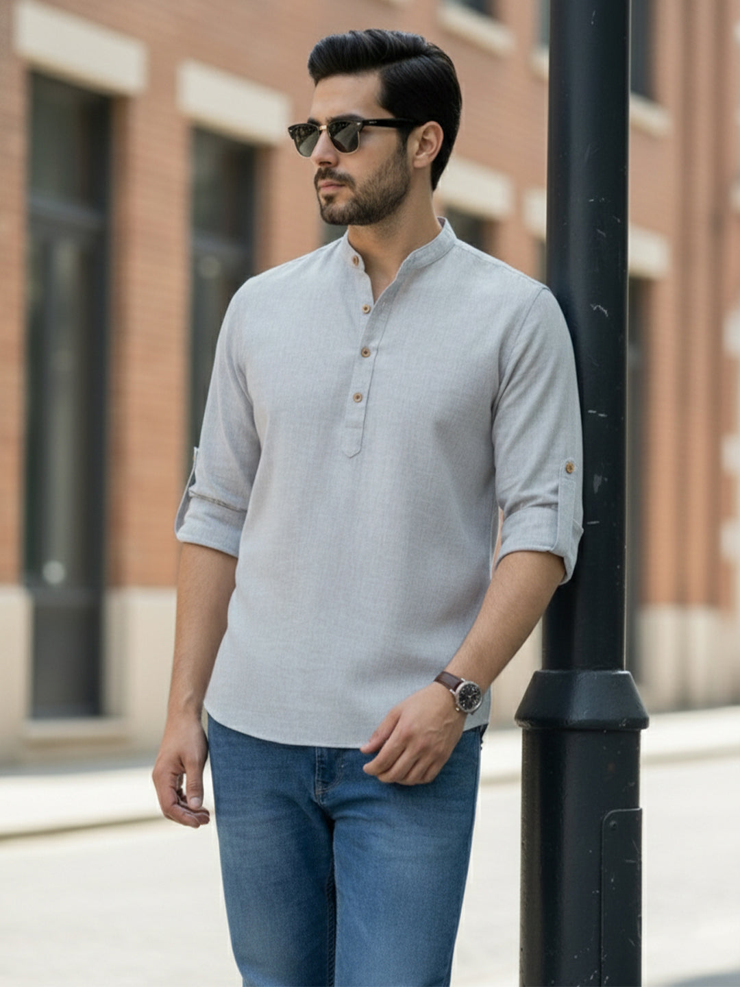 BLUE ROBED Full Sleeve Kurta for men Office Wear in Grey view 111