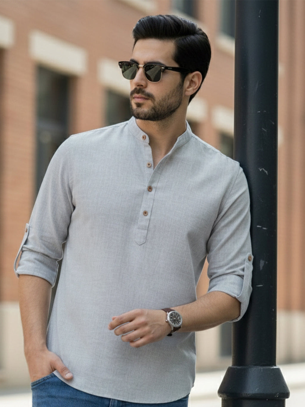 BLUE ROBED Full Sleeve Kurta for men Office Wear in Grey view 108