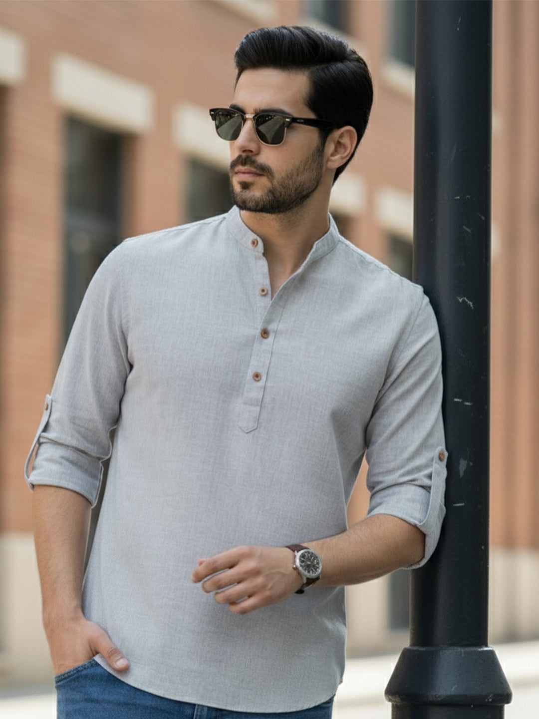 BLUE ROBED Full Sleeve Kurta for men Office Wear in Grey view 108