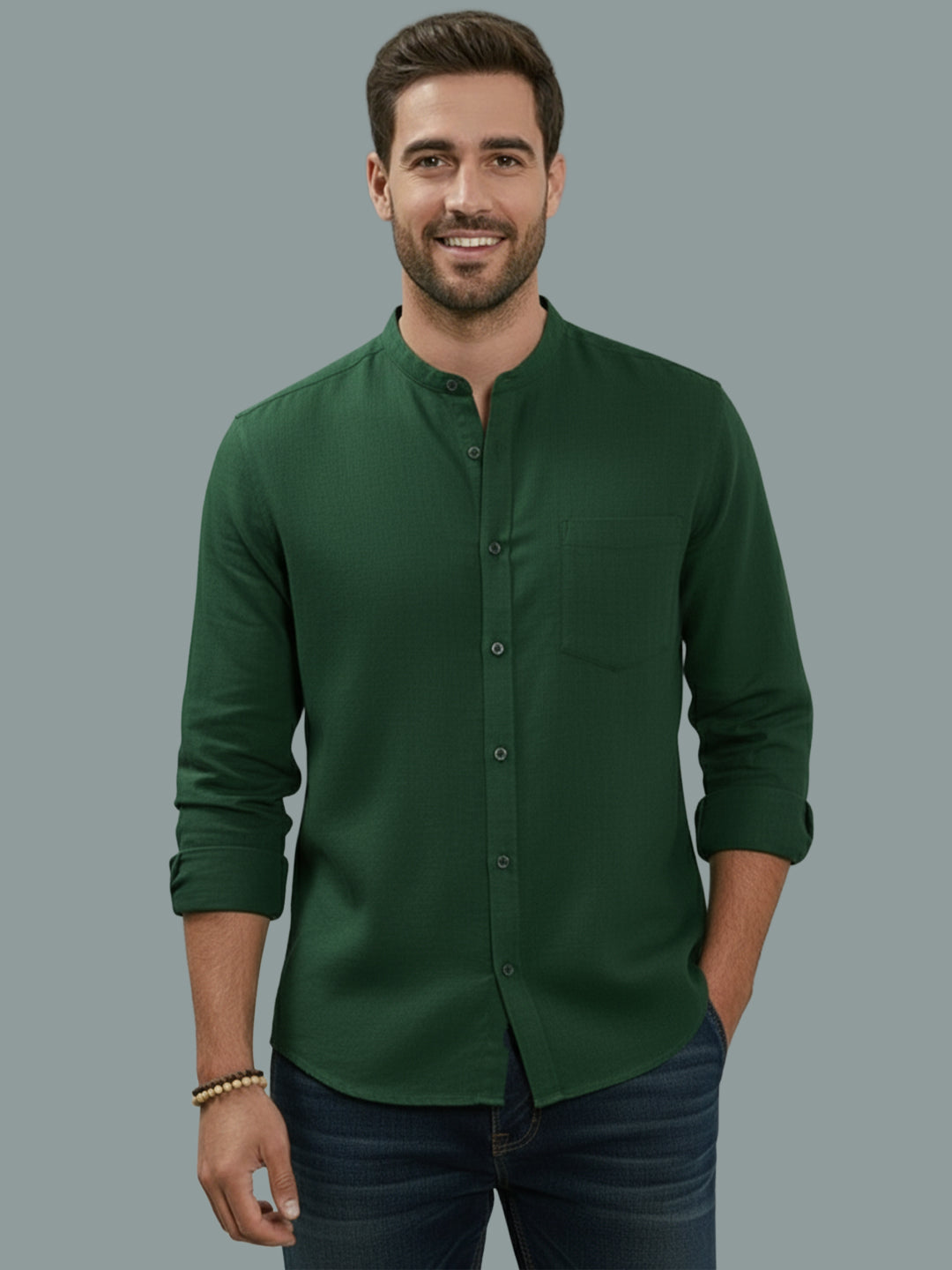 Full Sleeve Chinese Collar Cotton Slim Shirt for Men and Boys in Shirt For Men And Pink by BLUE ROBED, fit view