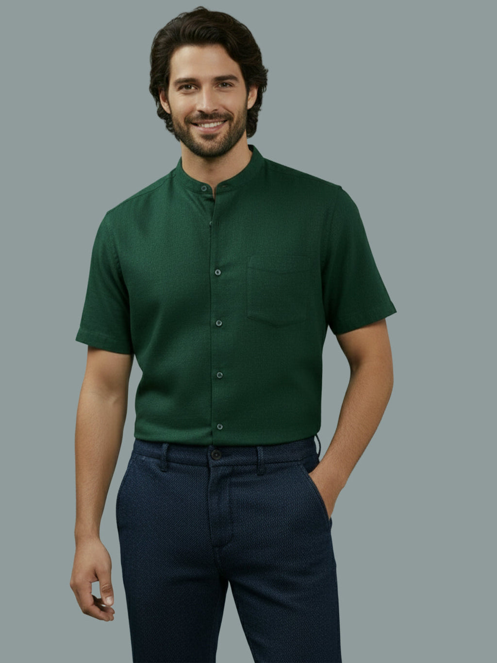 Half Sleeve Chinese Collar Cotton Slim Shirt for Men and Boys in Shirt For Men And White by BLUE ROBED, fit view