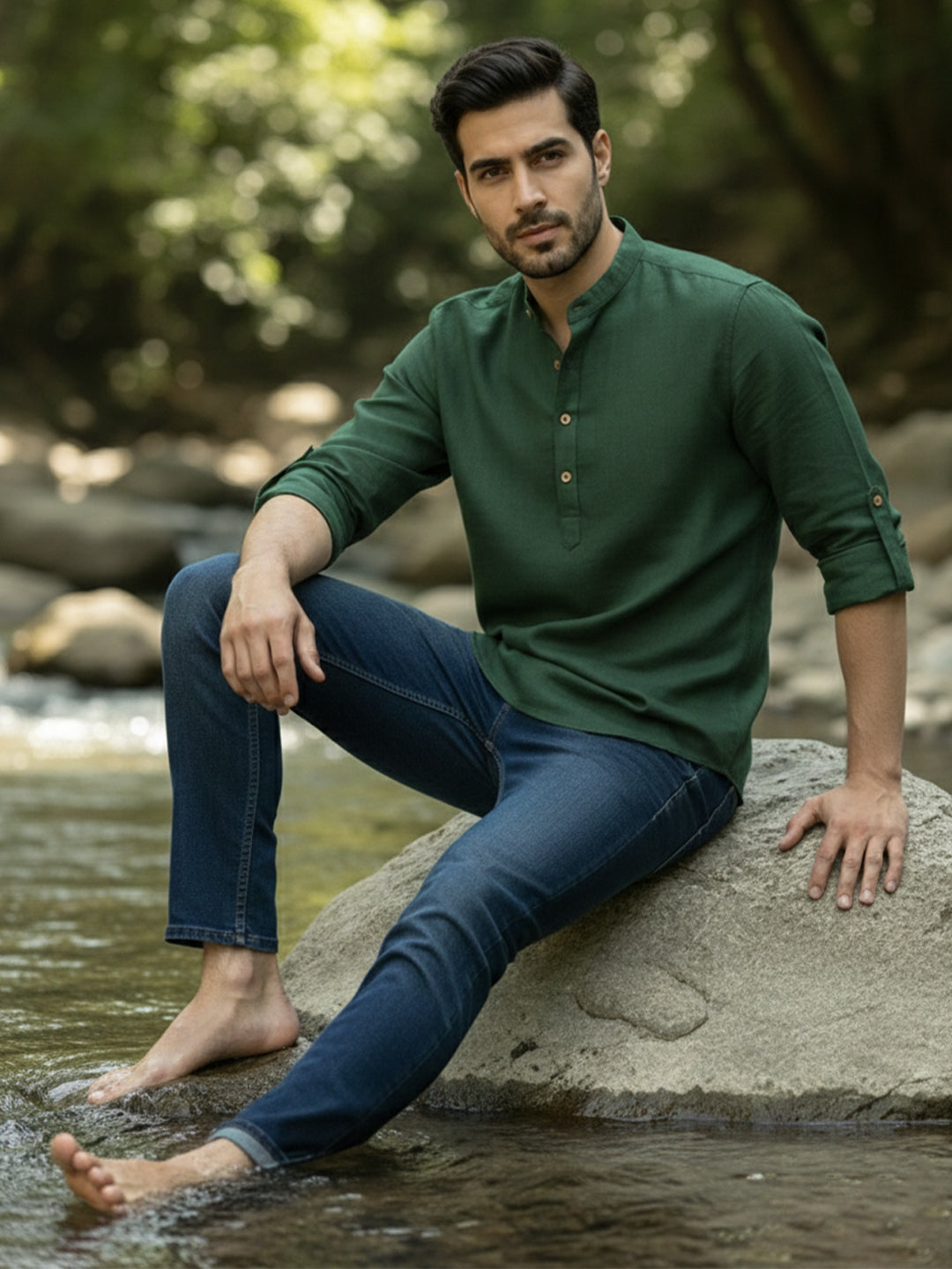 BLUE ROBED Full Sleeve Kurta for men Office Wear in Green view 100