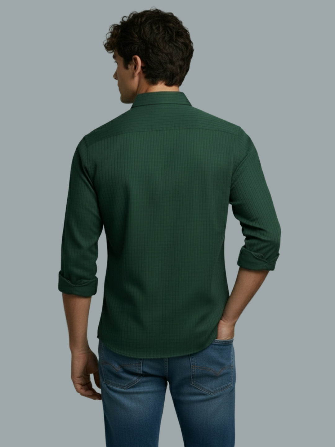 Men's Full Sleeve Spread Collar Premium Casual Shirt for Men Daily Wear in Black by BLUE ROBED, back view