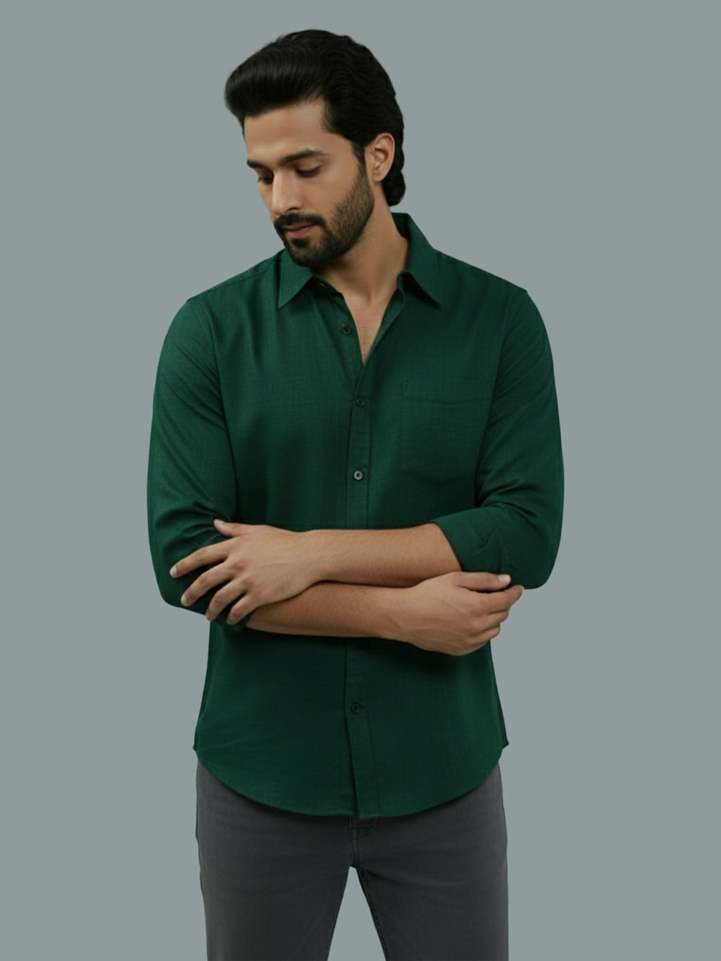 Full Sleeve Spread Collar Cotton Slim Shirt for Men and Boys in Shirt For Men And Green by BLUE ROBED, fabric detail