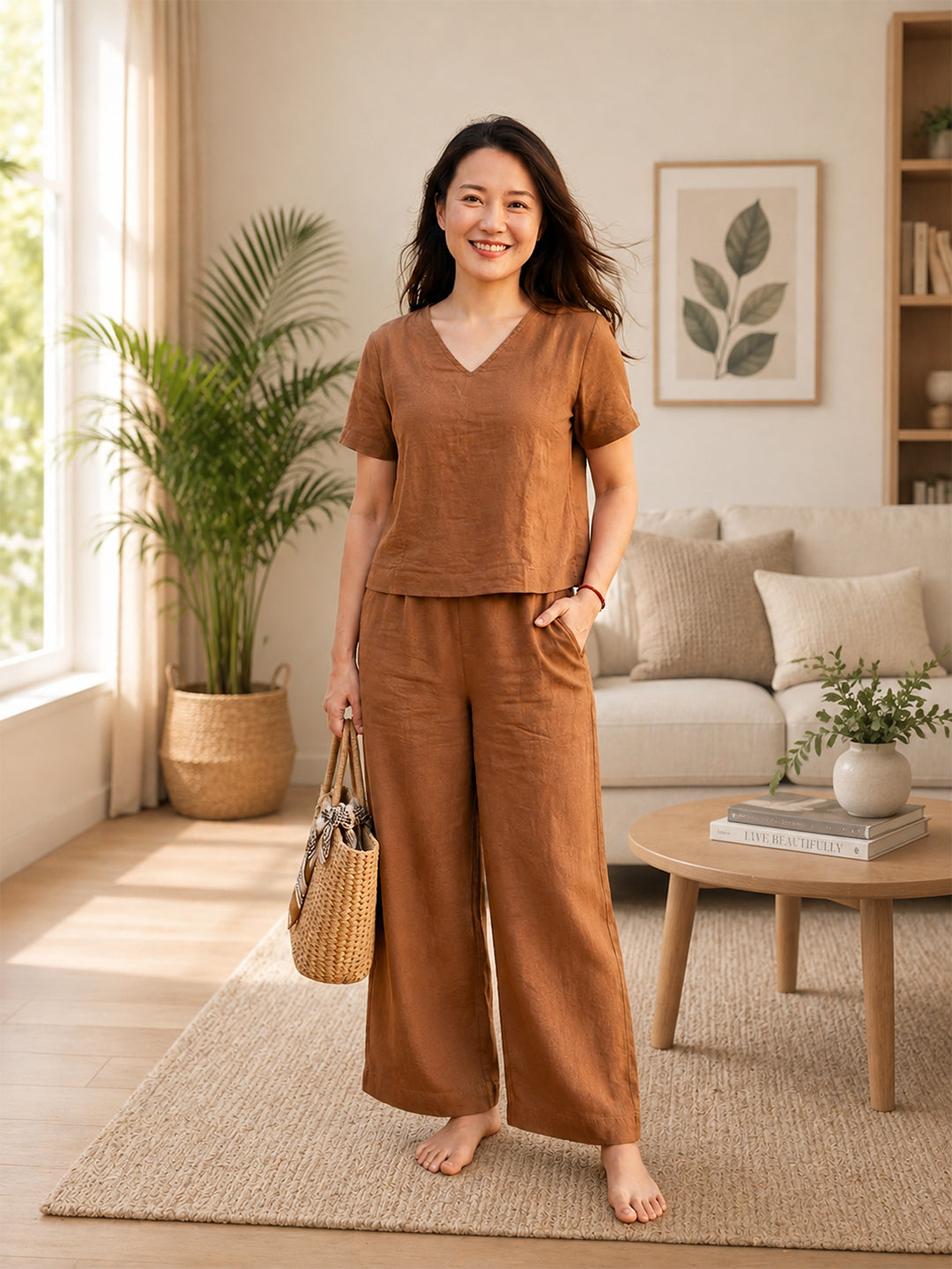 Women's Two Piece Set, golden, V-Neck Top with Wide Leg Trousers, Short Sleeve