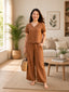 Women's Two Piece Set, golden, V-Neck Top with Wide Leg Trousers, Short Sleeve