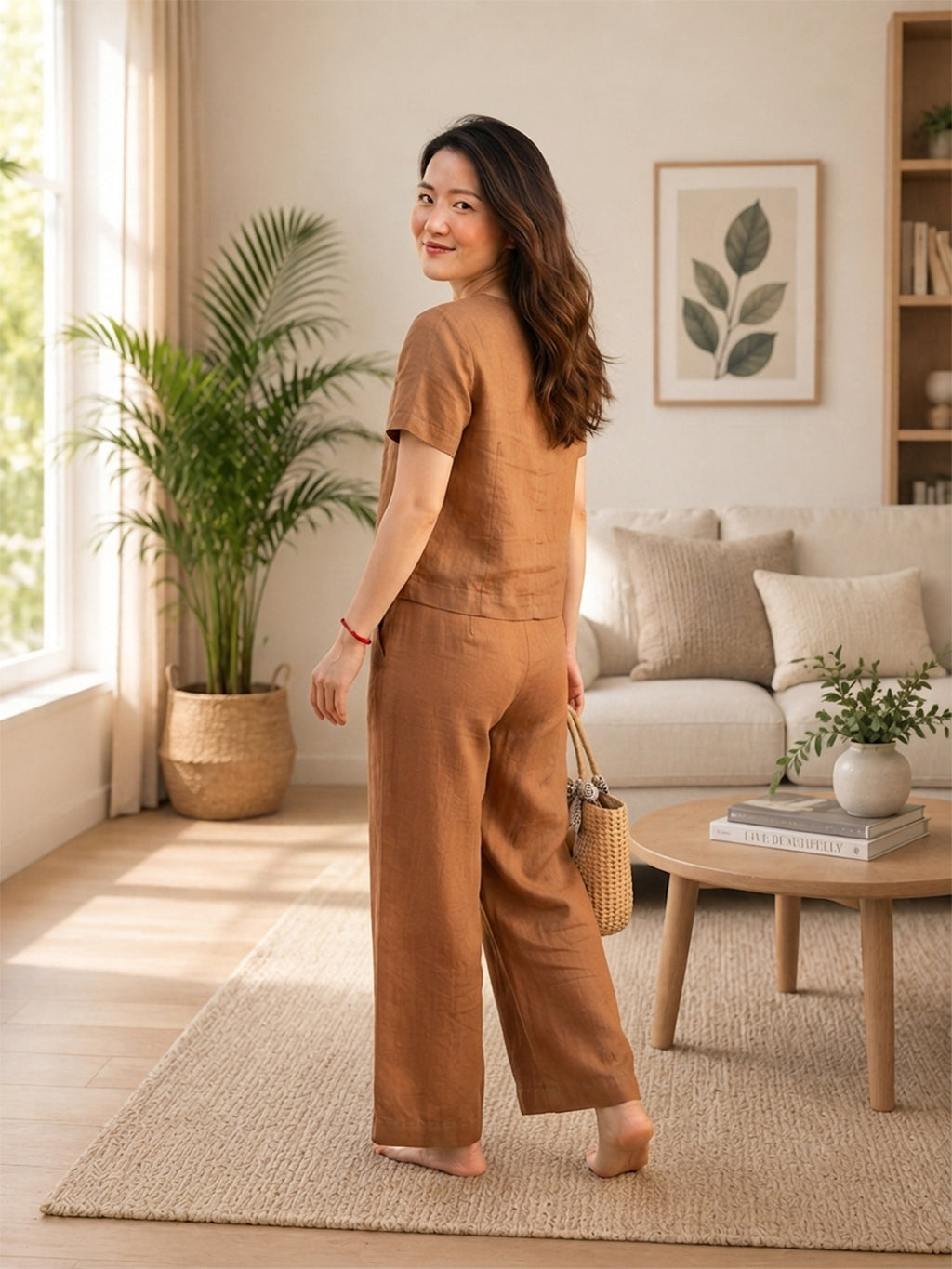 Women's Two Piece Set, golden, V-Neck Top with Wide Leg Trousers, Short Sleeve