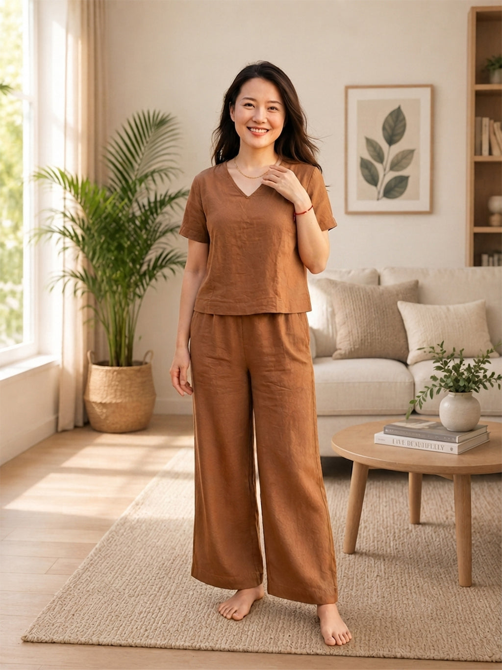 Women's Two Piece Set, golden, V-Neck Top with Wide Leg Trousers, Short Sleeve