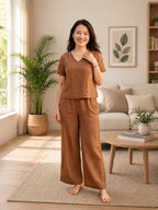 Women's Two Piece Set, golden, V-Neck Top with Wide Leg Trousers, Short Sleeve