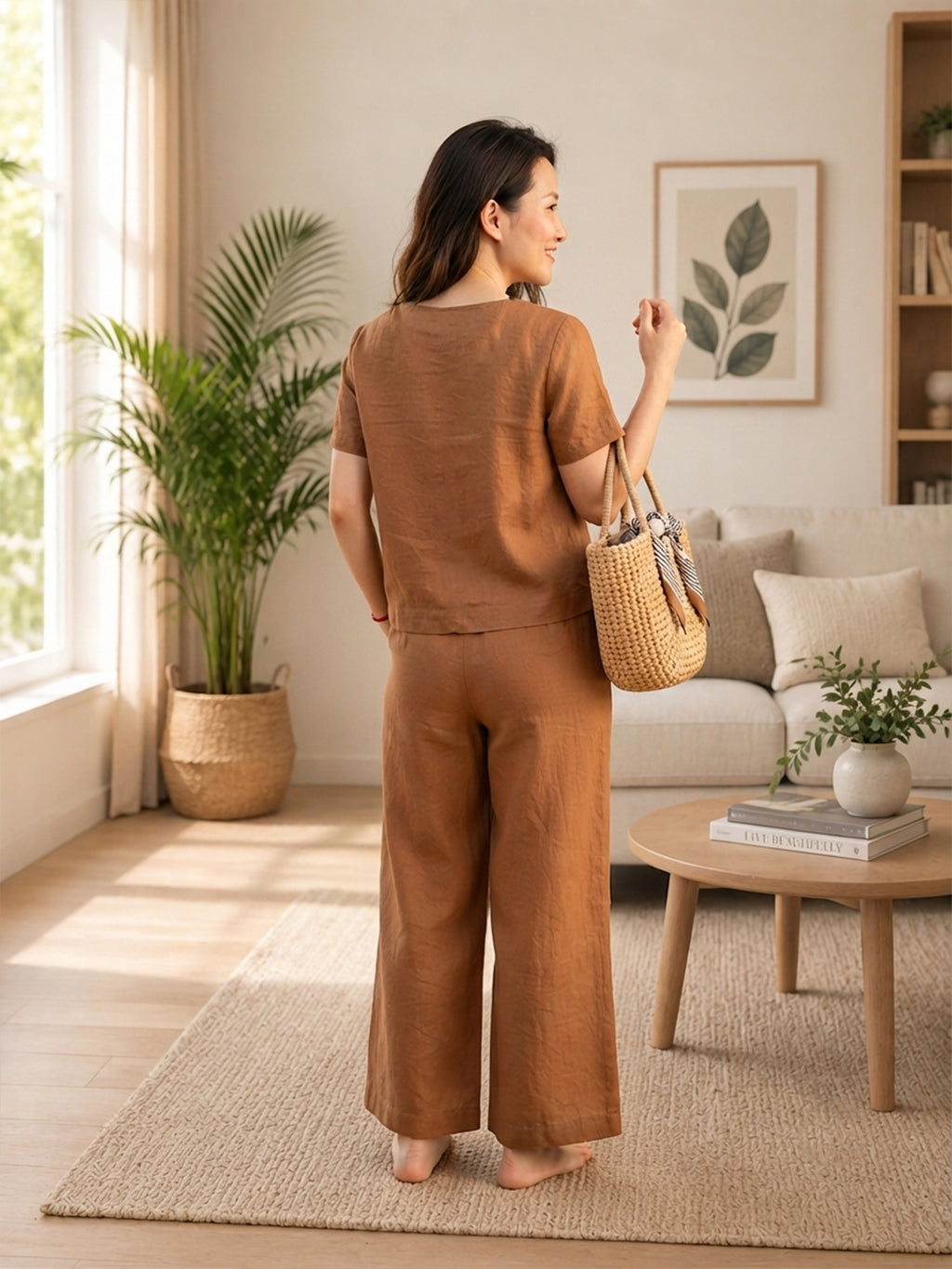Women's Two Piece Set, golden, V-Neck Top with Wide Leg Trousers, Short Sleeve