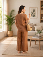 Women's Two Piece Set, golden, V-Neck Top with Wide Leg Trousers, Short Sleeve