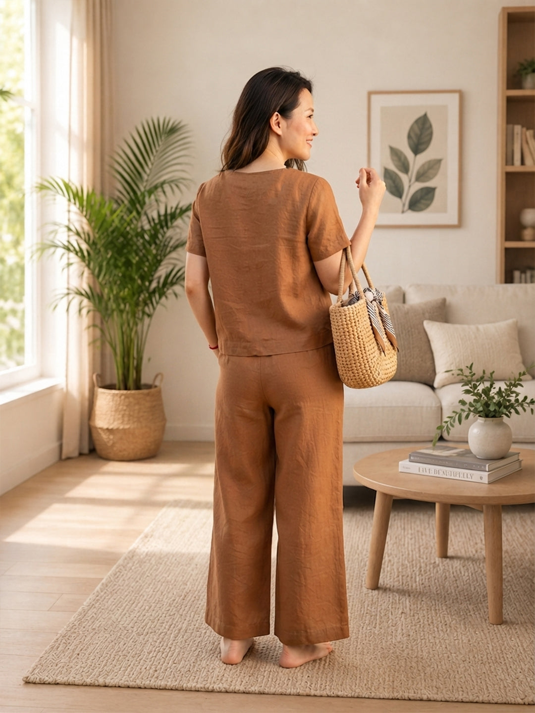 Women's Two Piece Set, golden, V-Neck Top with Wide Leg Trousers, Short Sleeve
