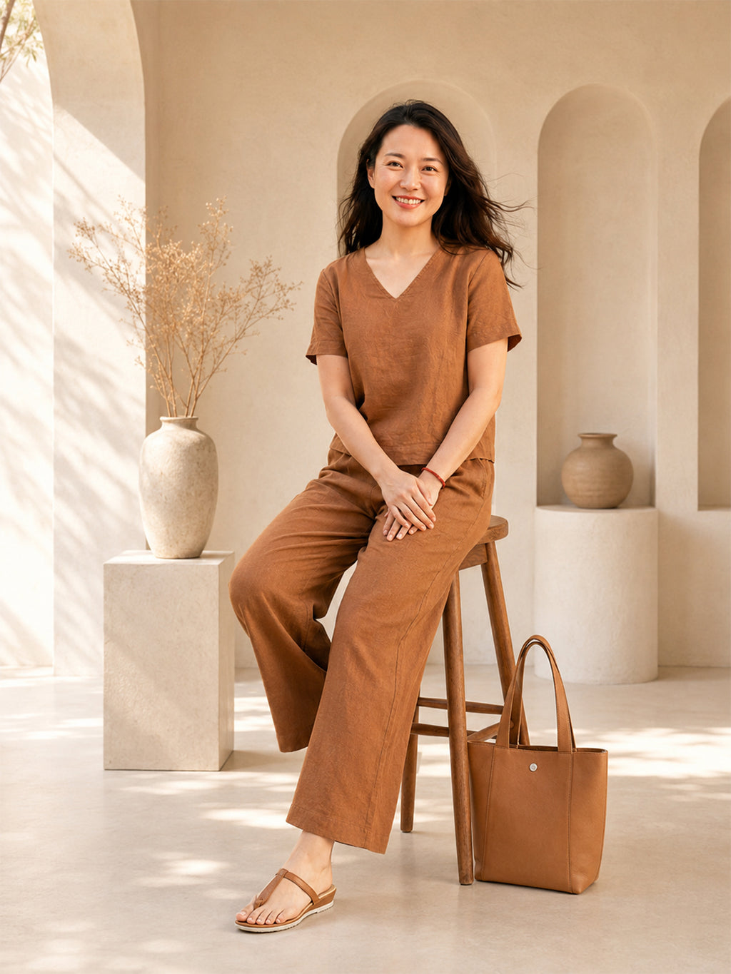 Women's Two Piece Set, golden, V-Neck Top with Wide Leg Trousers, Short Sleeve